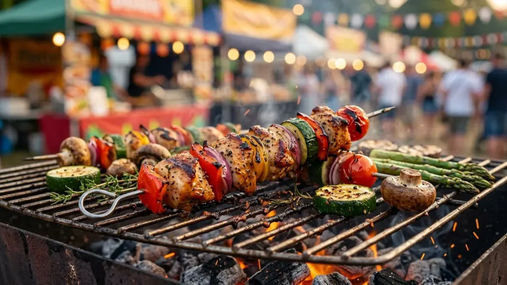 Grillitud köögivilja- ja lihavardad küpsevad kuumadel sütel välifestivali toidualal koos roheliste sparglitega.