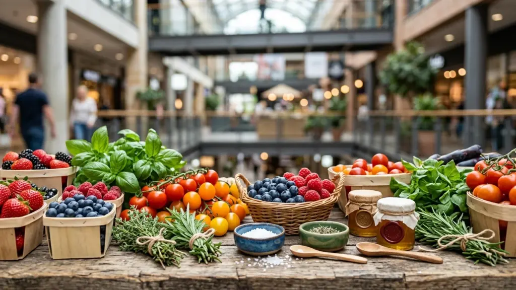 Puidust laual on korvid värskete marjade, tomatite, ürtide ja purkidega kaubanduskeskuse taustal.