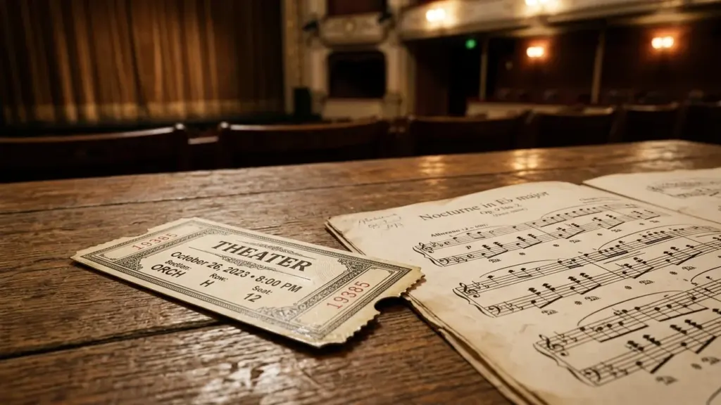 Teatripilet ja noodileht asetsevad puidust laual, taustal on hämar tühja saaliga teater.