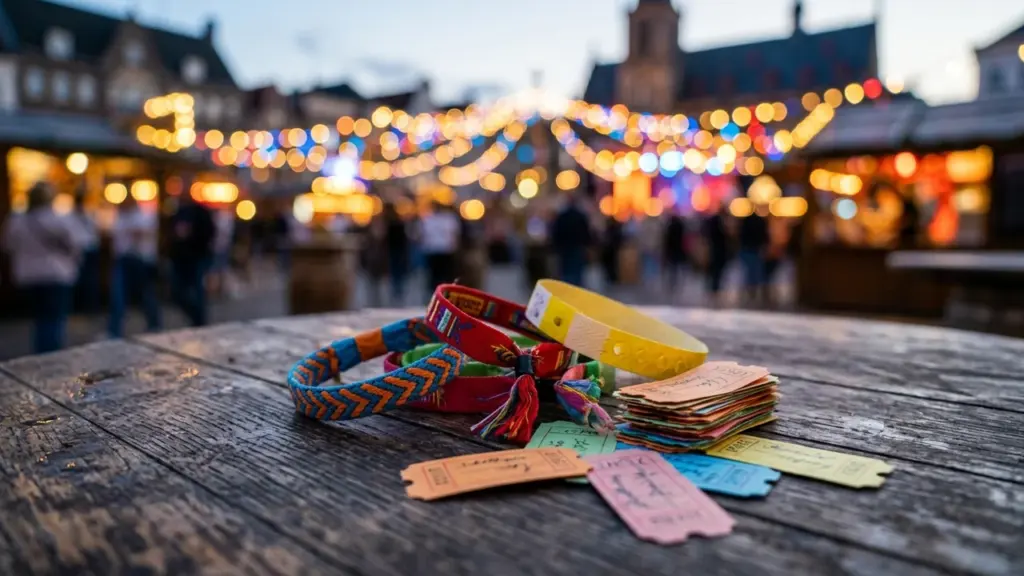 Värvilised käepaelad ja piletite virn puidust laual ähmase festivali taustal õhtusel ajal.