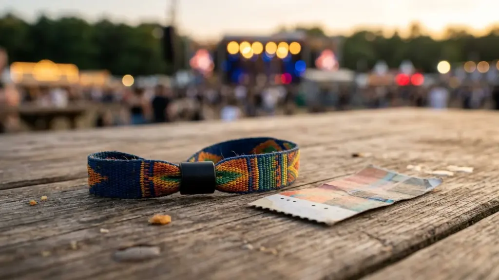 Mustriline festivali käepael ja pilet asetsevad päikeseloojangul toimuva muusikaürituse taustal puidust laual.