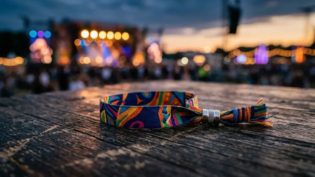 Kirju festivali käepael asetseb puidust laual häguse kontserdilava ja õhtuse taeva taustal.