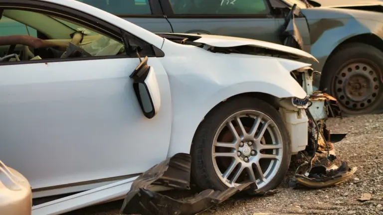 Tõsiselt kahjustatud sõiduauto liiklusõnnetuse tagajärjel maantee ääres, detailne vaade.