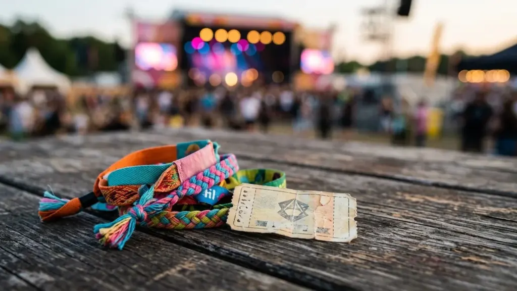 Värvilised festivali käepaelad ja pilet puidust laual udusel kontserditaustal vabaõhuüritusel.